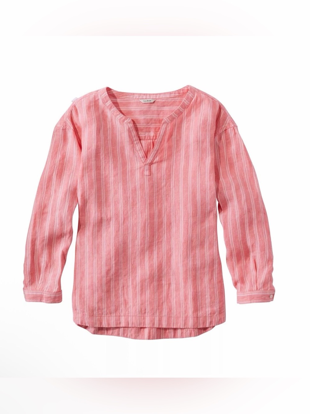 LL Bean NWT Washable 100% Linen Long Sleeved Top Pink White Stripe Cottagecore